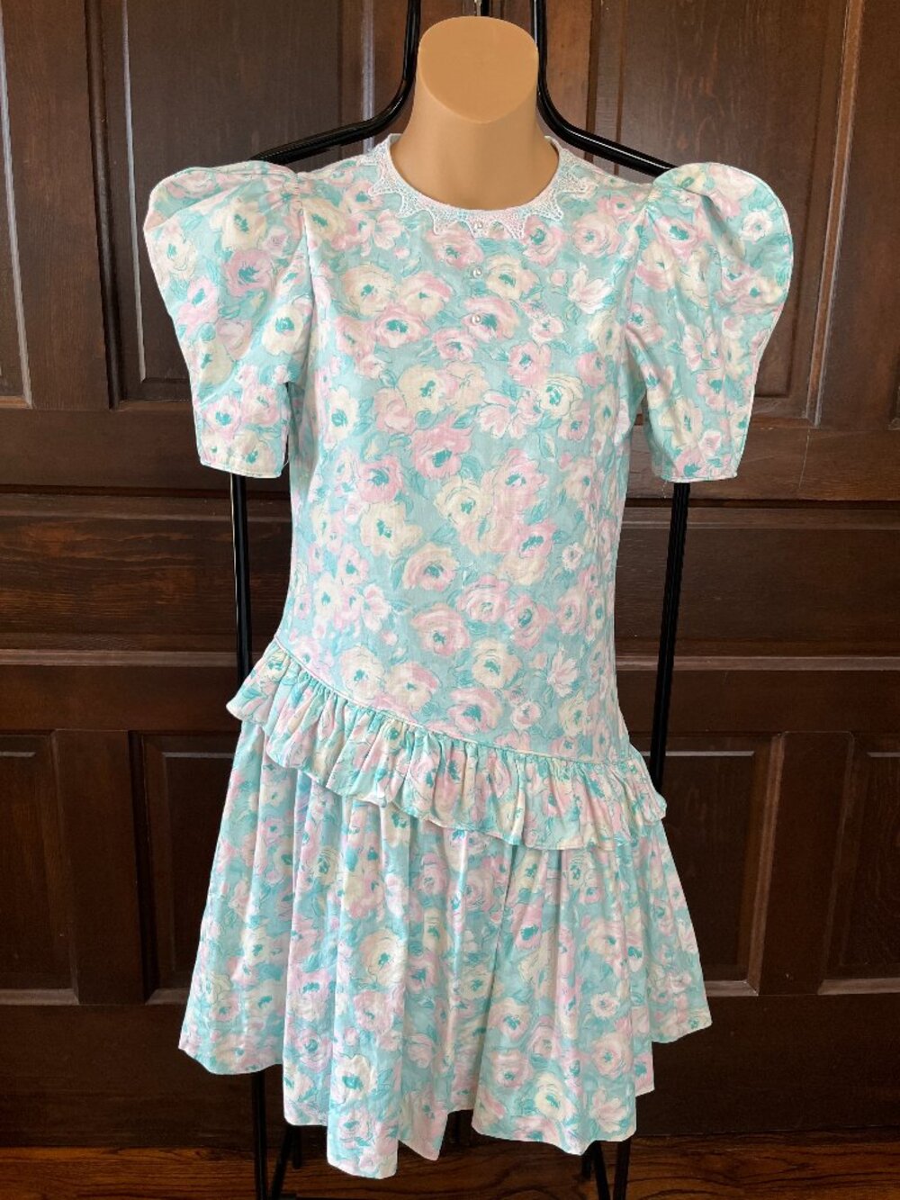 Ruth of Carolina Vintage 80s Dress Girl's Size 12 Pastel Floral Asymmetric Puff